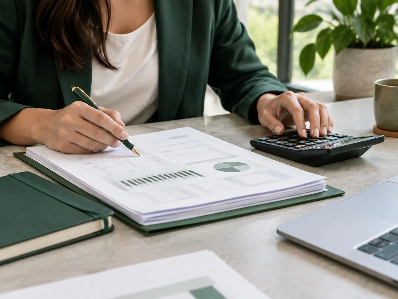 Profissional analisando documentos com calculadora em uma mesa de trabalho